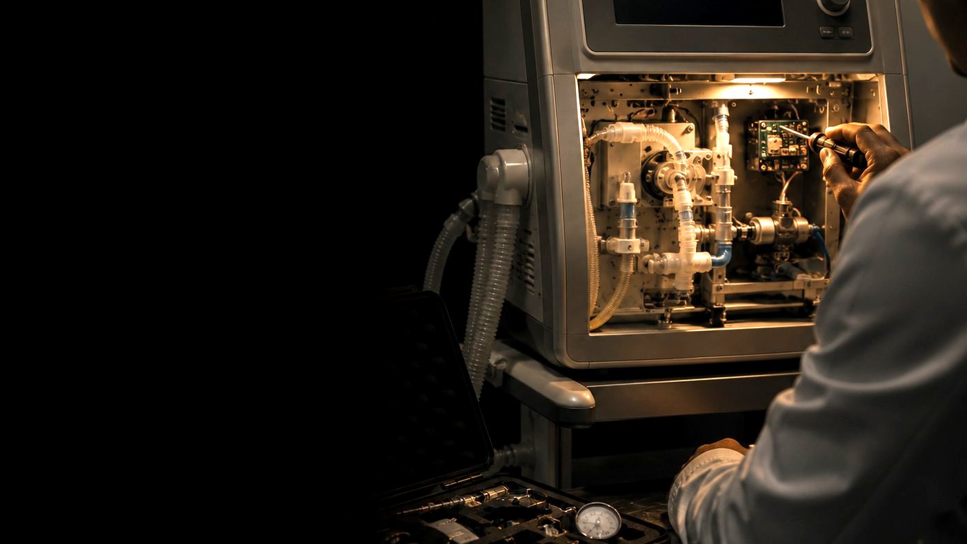 Engineer commissioning medical equipment on site