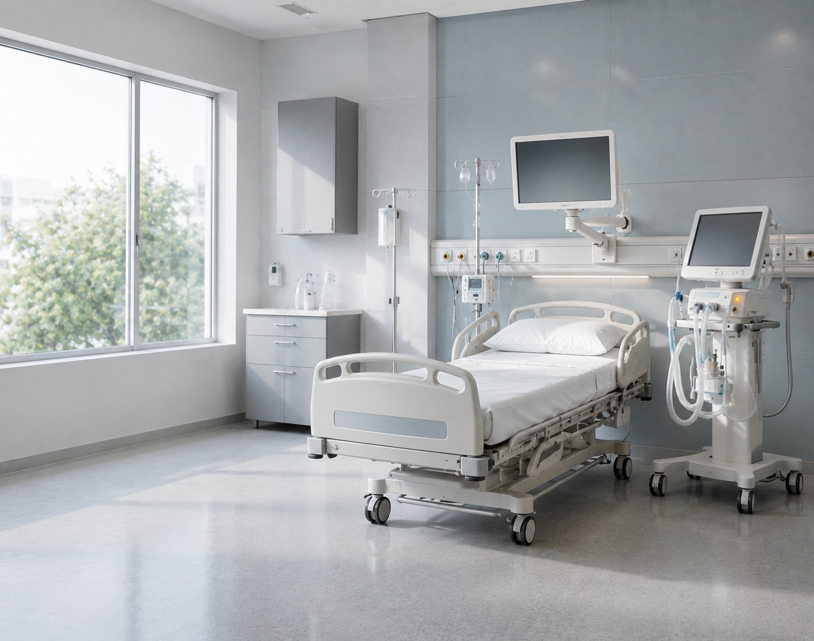 Intensive care bed space with a patient monitor and ventilator