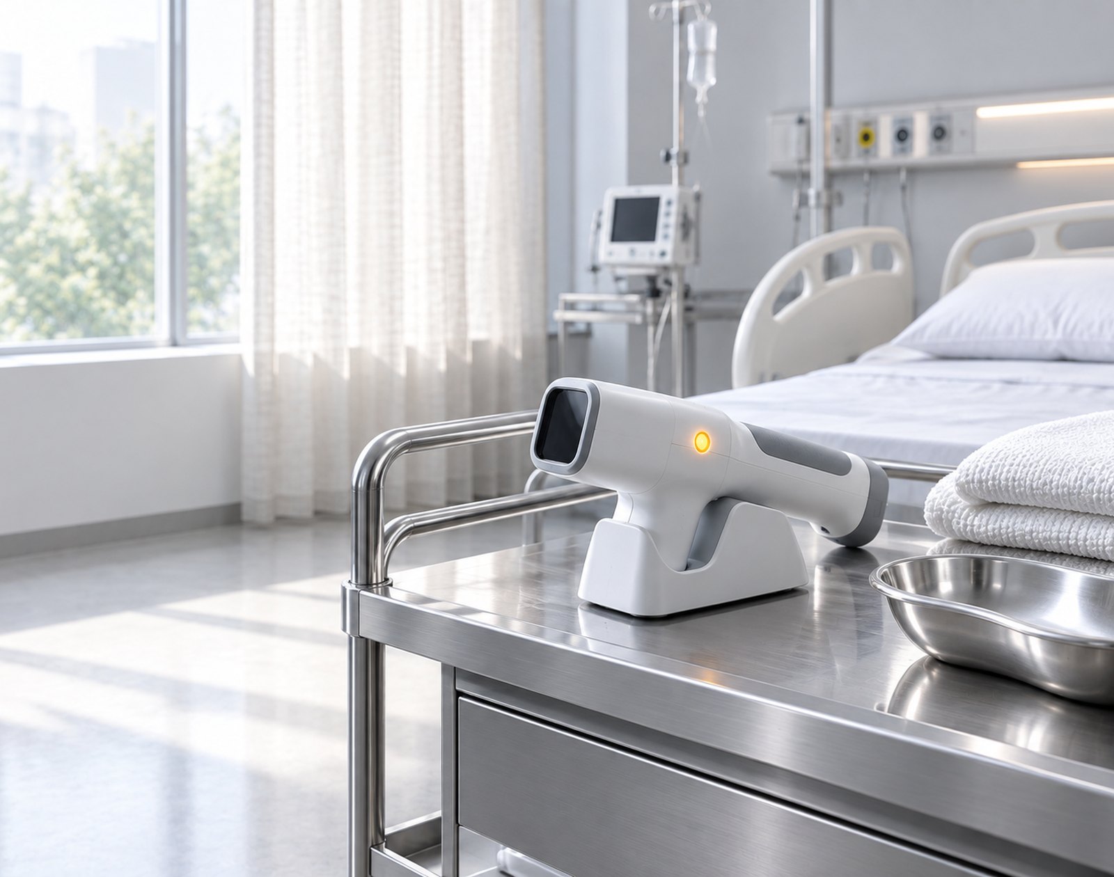 Vein illumination device on a treatment trolley beside a hospital bed